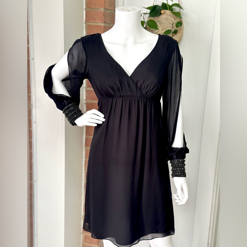 Trina Turk Black Silk Chiffon Dress Embellished Cuff Size 4